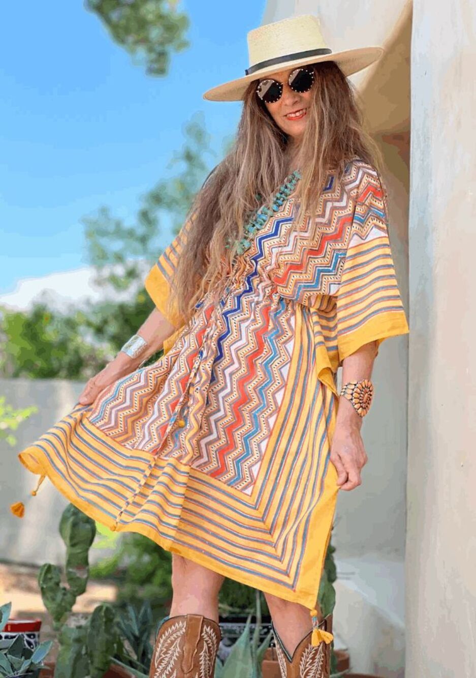 Pax Philomena Yellow Chevron Striped Nizhoni Midi Kaftan Dress Women's One Size